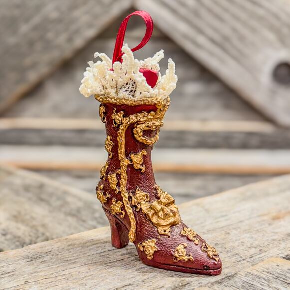 Vintage Old Victorian Style Lace/Satin Top Boot-Red and Gold-Christmas Ornament - Picture 2 of 7